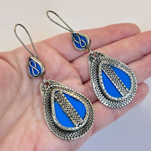 Blue Earrings, Boho, Afghan, Enameled, Big, 3" Long, Vintage Earrings, Silver - Picture 2 of 3